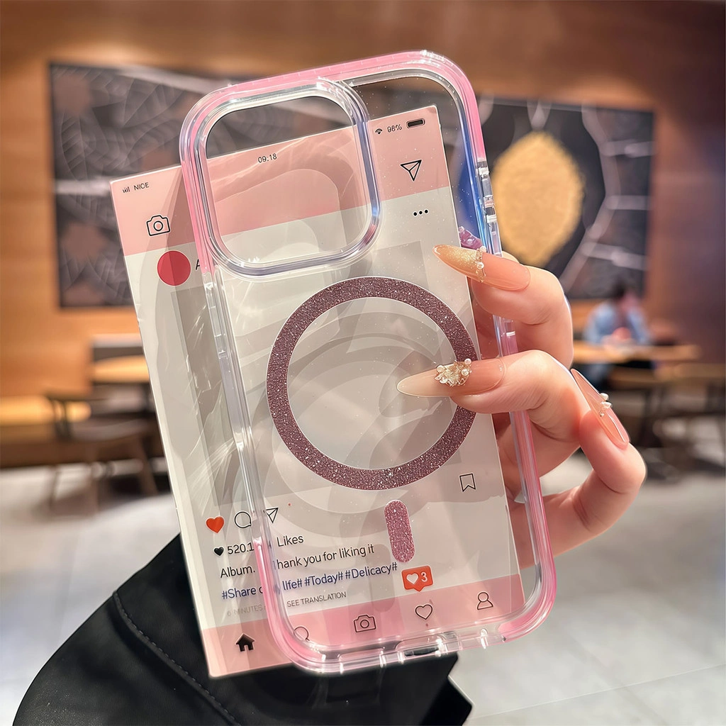 [Tepi Silikon Lembut] Premium Pink Shiny Glitter Magnetic Softcase 15PLUS Case Silicone Soft Casing for iPhone 13 11 12 16 14 15 PRO MAX 14PLUS 16PLUS Black Blue Cover