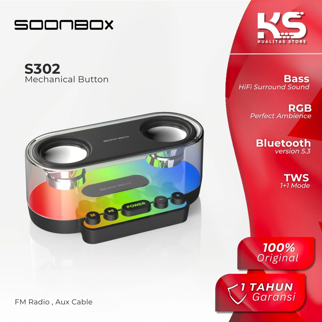 SOONBOX S302 Speaker Bluetooth 5.3 Portabel 20W Suara 360° LED Light Bass Sound + Mechanical Button
