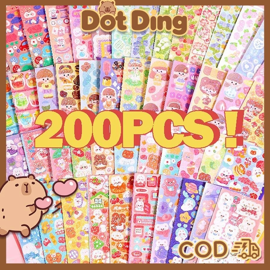 [DOTDING] 200/100/60/20Pcs Sticker Berbagai Kartun Shiny Stiker Lembar/Mahasiswa DIY Hias Bahan Stiker/Colorful Cartoon Cute Stiker Alat Tulis H300