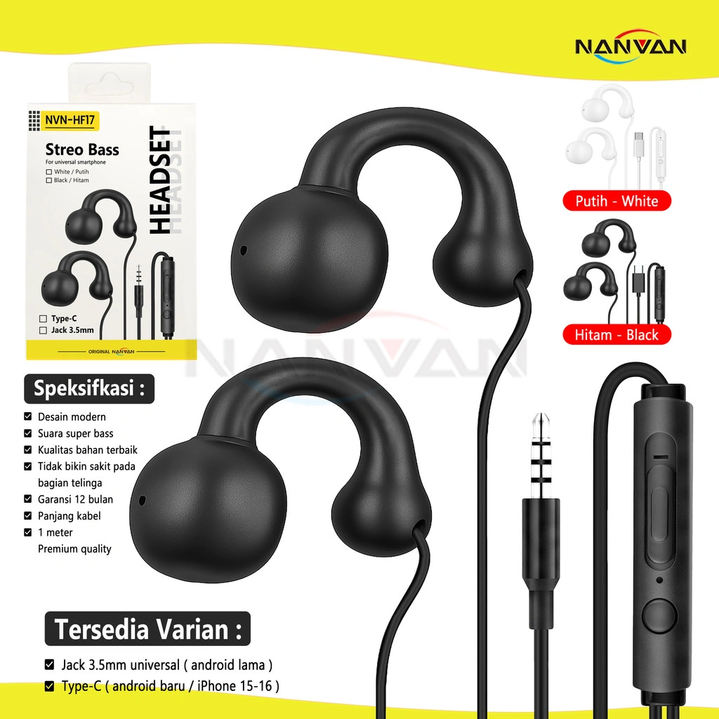 NANVAN NVN-HF17 Headset Earphone Universal Olahraga Indoor / Outdoor Jack 3.5mm / Type-C Premium