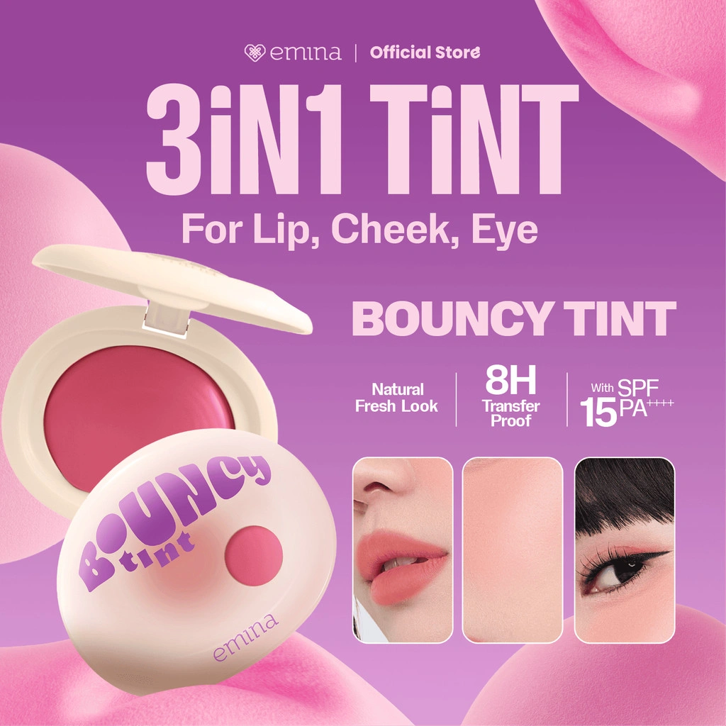 NEW! Emina Bouncy Tint 3 in 1 Lip, Cheek, & Eye - Blurry Lip Color, Lasting Stain, dilengkapi dengan SPF 15 PA+++, Marshmallow Mochi Pudding Longlasting Blush On Lip Tint Eye Shadow