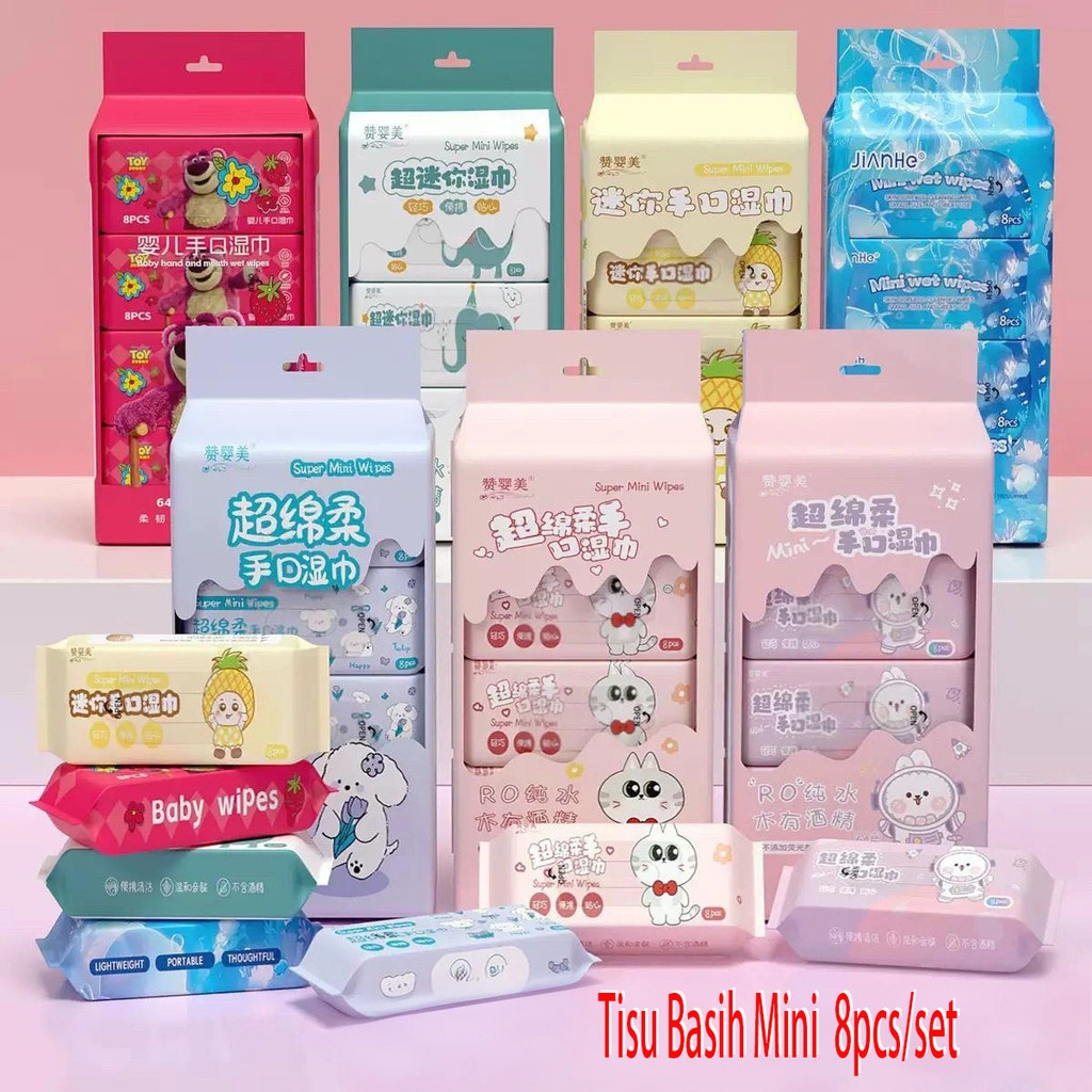 Tissue Basah Travel Size 1 Pack Isi 8 Bungkus/Tisu Basah Mini Anak /Kartun/Tisu Basah Non Alkohol
