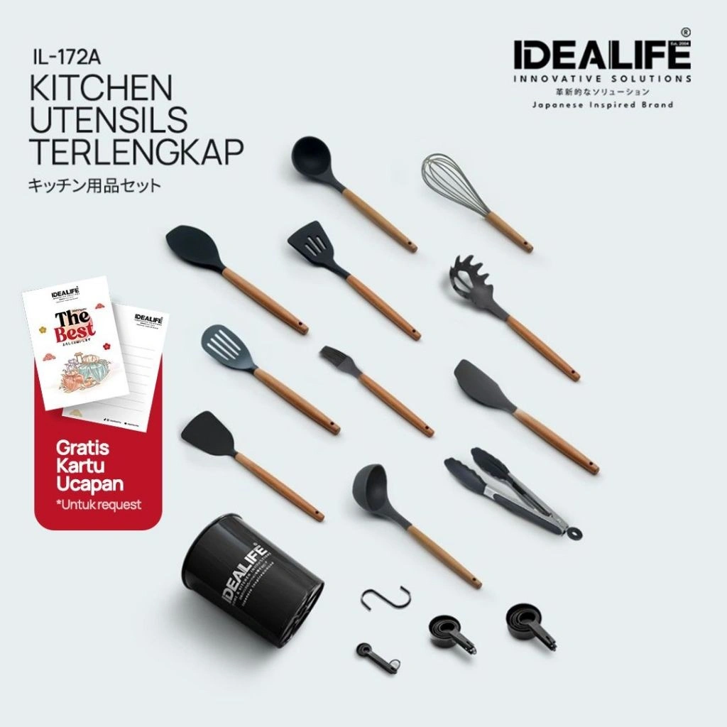 IDEALIFE - Kitchen Utensils Spatula Sodet Tools (Silicone & Beech) - Peralatan Masak - IL-172a