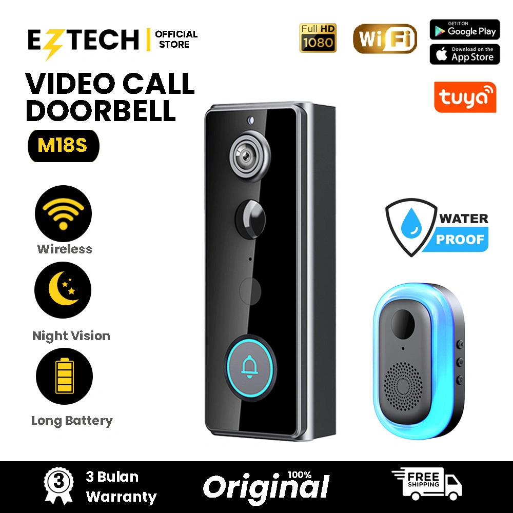 EZTECH DOORBELL M18S Rumah Wireless DoorBell Kontrol Ponsel Bel pintu visual WIFI Smart Doorbell Camera【EZTECH】