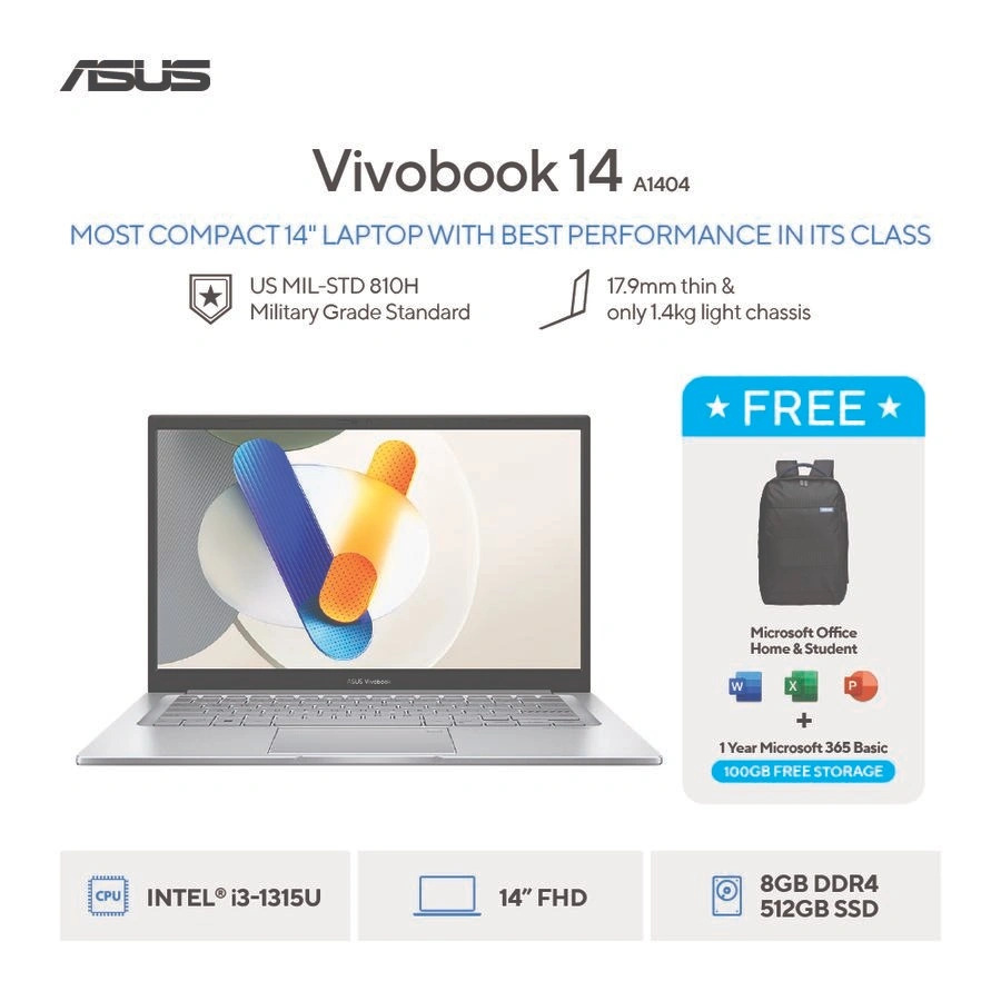 ASUS Vivobook 14 A1404VA-FHD3853M / A1404VA-VIPS3853M - Cool Silver [Intel Core i3-1315U / Intel UHD Graphics / 8GB / 512GB / 14inch / WIN11 / OHS24 / M365]