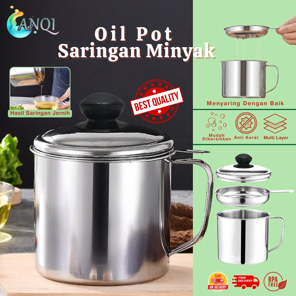 ANQI Oil Pot Wadah Saringan Minyak Stainless Steel Gelas Saringan Minyak / Tempat Saringan Minyak