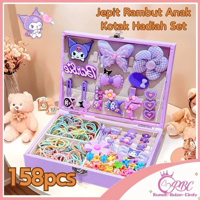[Gratis Kotak Hadiah] 158pcs Set Melody Ikat Rambut Jepitan Mix Pastel Aksesoris Rambut Anak Perempuan Kuncir Jepit Warna Warni Box Gift