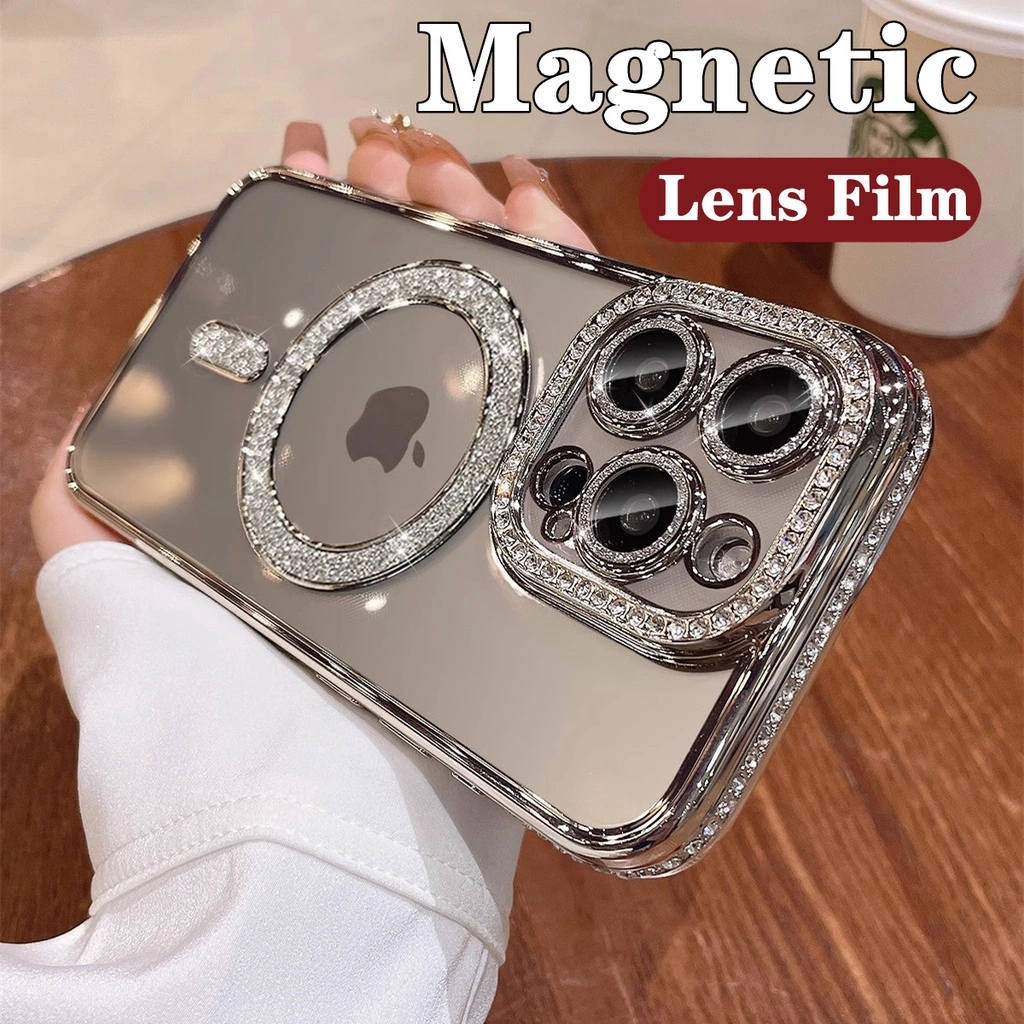 Luxury Gold Bling Diamond Glitter Magnetic Charging Case for iPhone 16 Pro Max 15 11 14 13 12 PRO MAX Electroplate Transparent Silicon Soft Back Cover