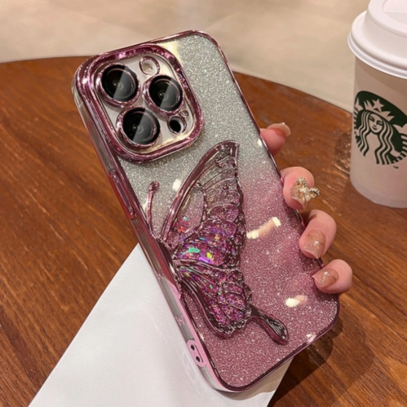 Luxury Quicksand Glitter Butterfly Case for iPhone 11 12 13 14 15 16 Pro Max 16 15 plus Shinny Bling Clear Plating Soft case back Cover