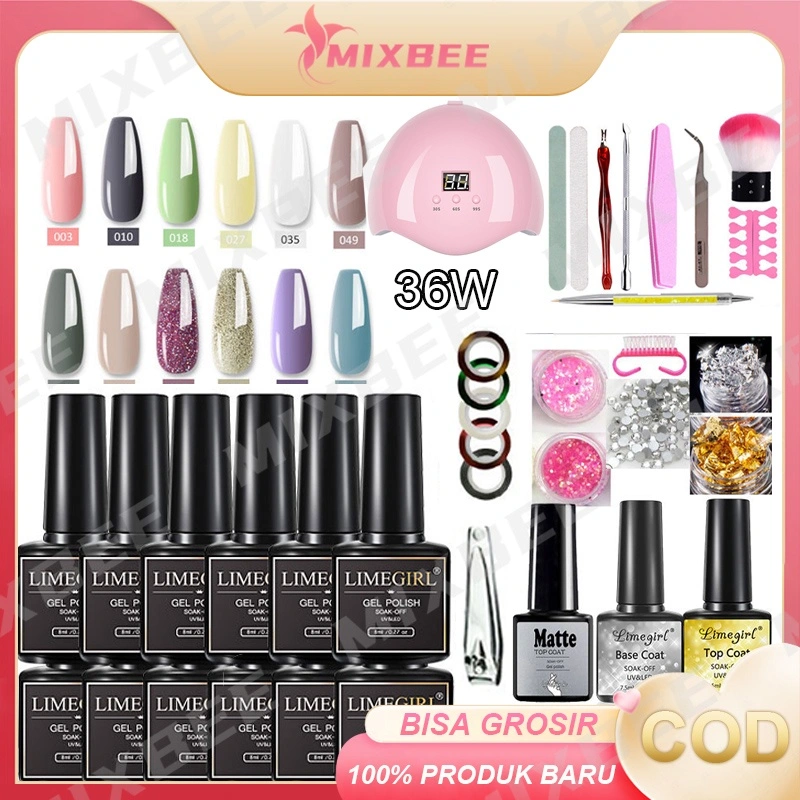 Set Seni Kuku Paket usaha Nail gel Lengkap Set Kutek Gel Lampu Kuku UV 36W 12 Warna Cat Kuku Gel, Set Peralatan Manikur Seni Kuku