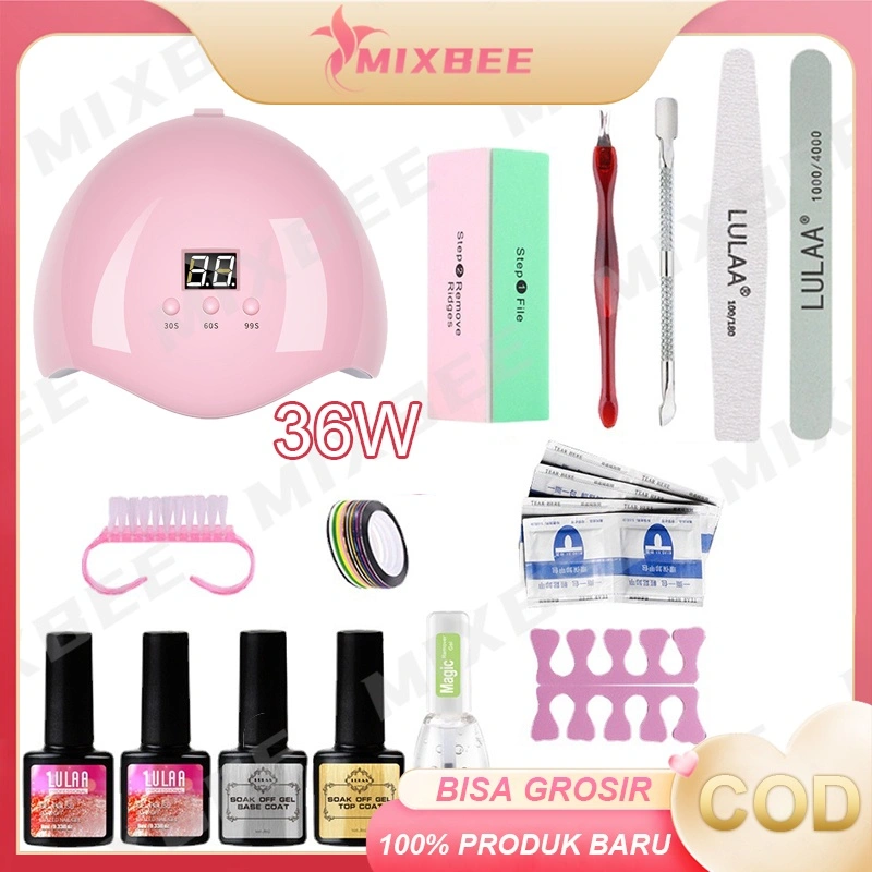 Set Peralatan Manikur Seni Kuku 1 Set Lampu Kuku UV 36W dan Kuku Palsu dan 2 Warna Cat Kuku Gel, Base Coat dan Top Coat