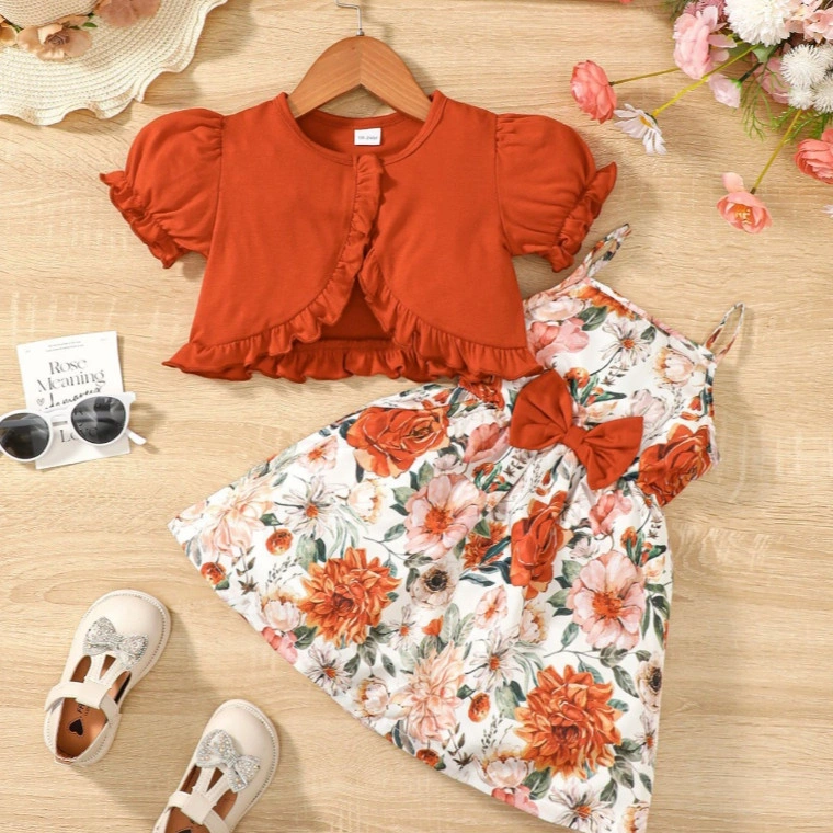 Haasya Kids 1-6 Years Dress for Kid Girl  Chlid 2PCS Clothes Set Plain Color Short Sleeve Top with Floral Sleeveless Dress Fashion Daliy Wear Photograph Party Outfit