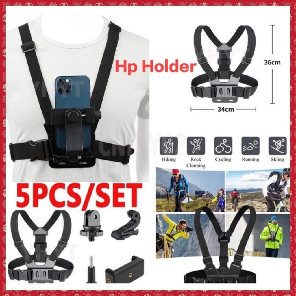 Wwen Chest Strap Tali Dada Pegangan Handphone Mount Kamera Body Belt Holder HP Clip Clamp 360 Go Pro CAM Dudukan Smartphone Gantungan Elastis