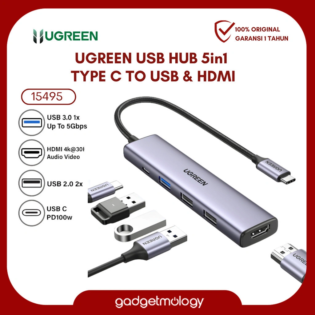 UGREEN USB HUB 5in1 Adapter Splitter Converter Type C to USB HDMI 4K 30Hz Multiport for Macbook Mac Laptop - 15495