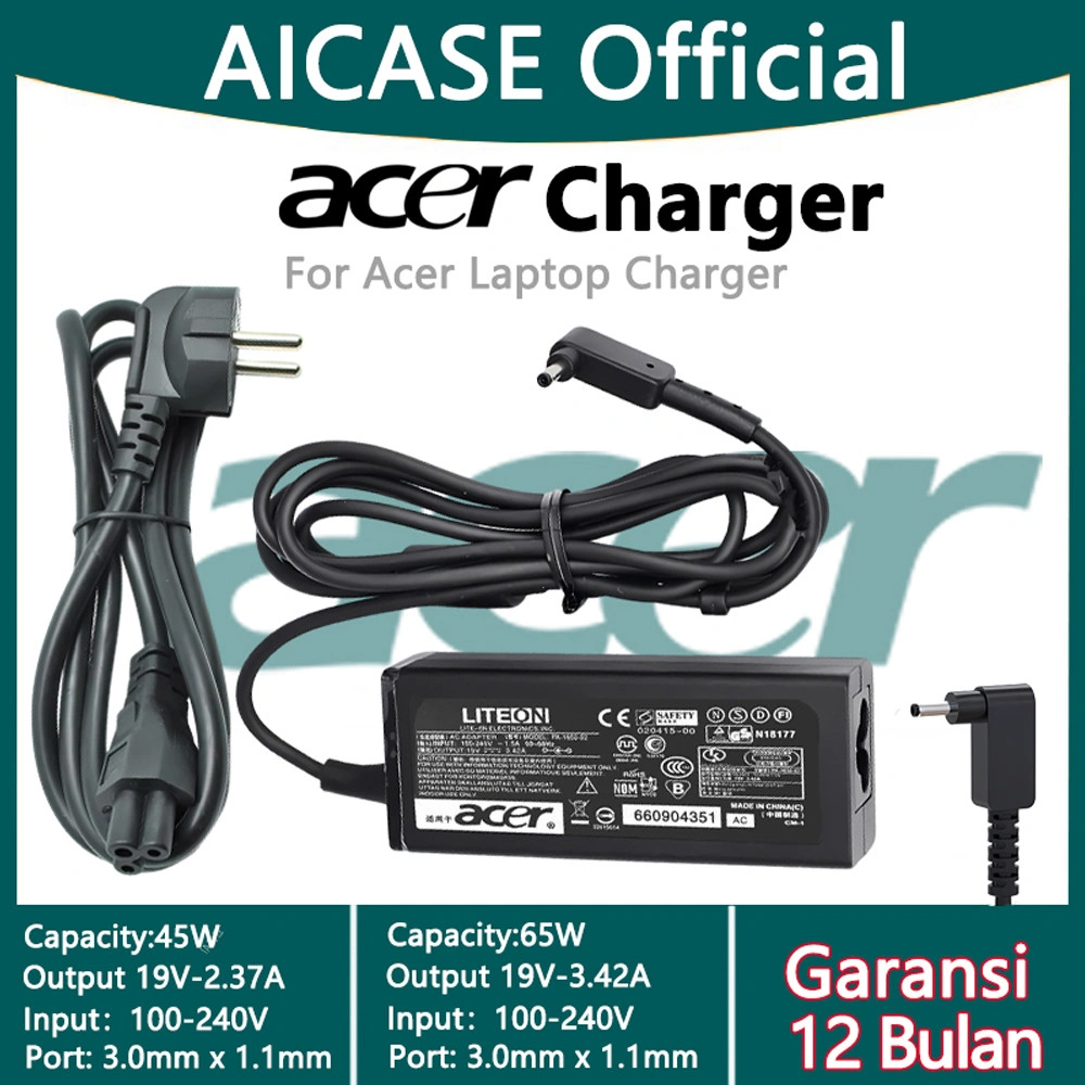 AICASC-100% Original Acer Adaptor Laptop Charger ORI 45W/65W/19V-2.37A/3.42A/DC 3.0*1.1mm Small Plug Bulat Aspire 3 A314-22 Apire 5 A514 A515 Swift A514-52 A314-22G A314-35S A313-51 A115-31 SF314 SF314-57G SF515-51T SF314-41 55 58 SF113-31 SW312-31 31P 