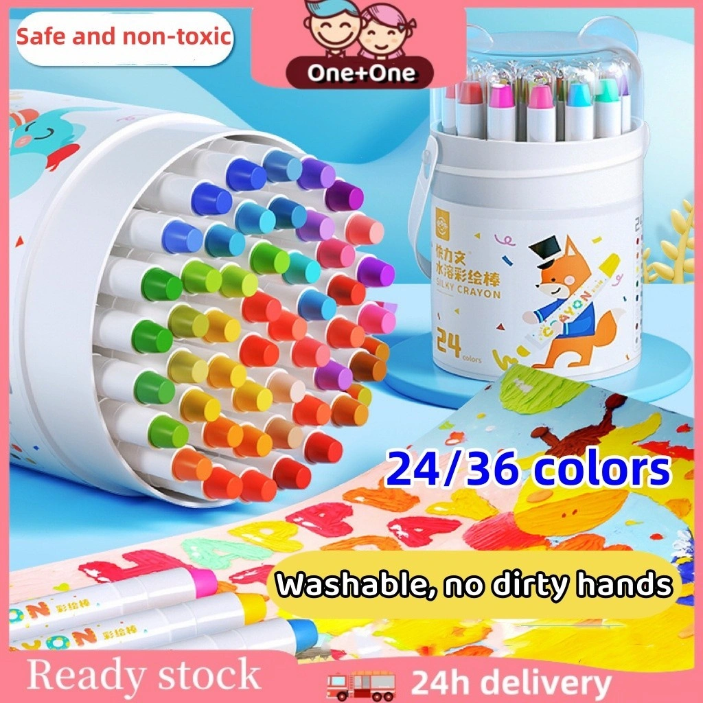 Free Brush Ready Stock One+One Crayon Putar Washable Silky Crayon 24/36/48 Warna Colorful Bucket Krayon Mewarnai Alat Warna Set Anak Wipe and Clean