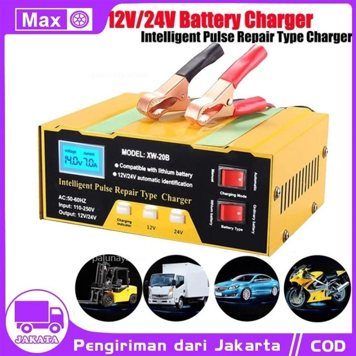 12V/24V 6-105AH MF-2B VRtec Smart Battery Charger Mobil Motor/20A 260W Charger Aki Mobil Motor 12V/24V 400AH + LCD