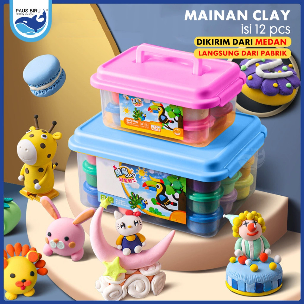 Paus Biru - Clay Isi 12 Pcs Kotak Hadiah Mainan Warna Warni Kreativitas Edukasi Anak Hadiah Anak Dan Tidak Beracun [READY] [COD]