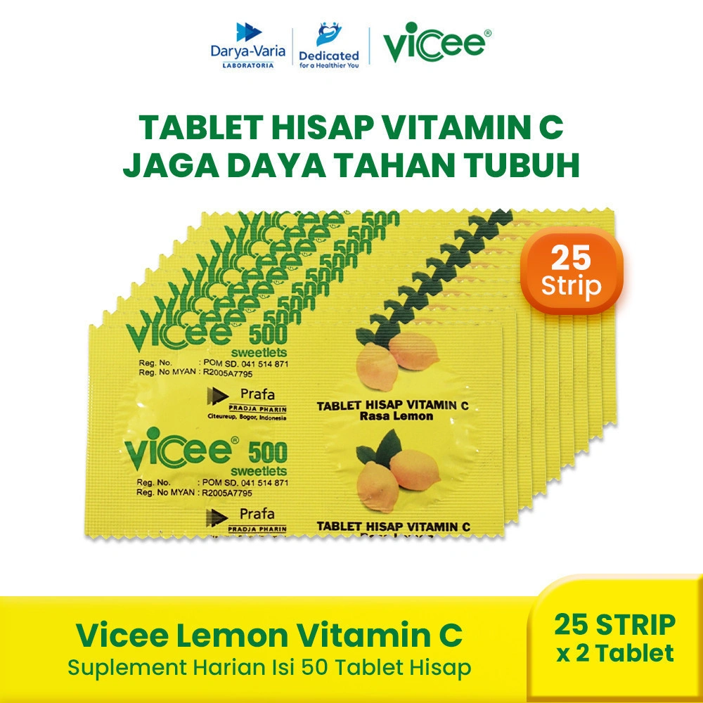 Vicee Lemon Vitamin C 500 mg Isi 50 Tablet Hisap (25 Strip x 2 Tablet Hisap) - Suplemen Harian untuk Kesehatan dan Daya Tahan Tubuh
