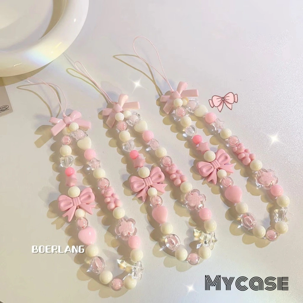 Pink Bowknot Bear Star Flower Anti-lost Phone Chains Gantungan HP Aesthetic Flower Beads / Lanyard HP Estetik / Phone Strap Manik-Manik Bunga Berwarna Permen /Strap HP Lucu / Gantungan Kamera