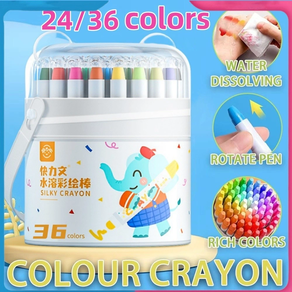 COD Washable Silky Crayon 24/ 36/48 Warna Colorful Bucket Krayon Mewarnai Alat Warna Set Anak Wipe and Clean Free Brush