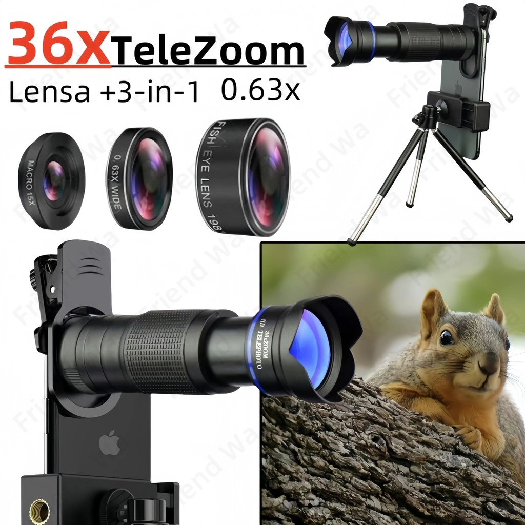 36X Lensa Telefoto Kamera Ponsel Zoom 4in1 Kit Lensa Sudut Lebar Ponsel HD Lensa Sudut Lebar Mata Ikan