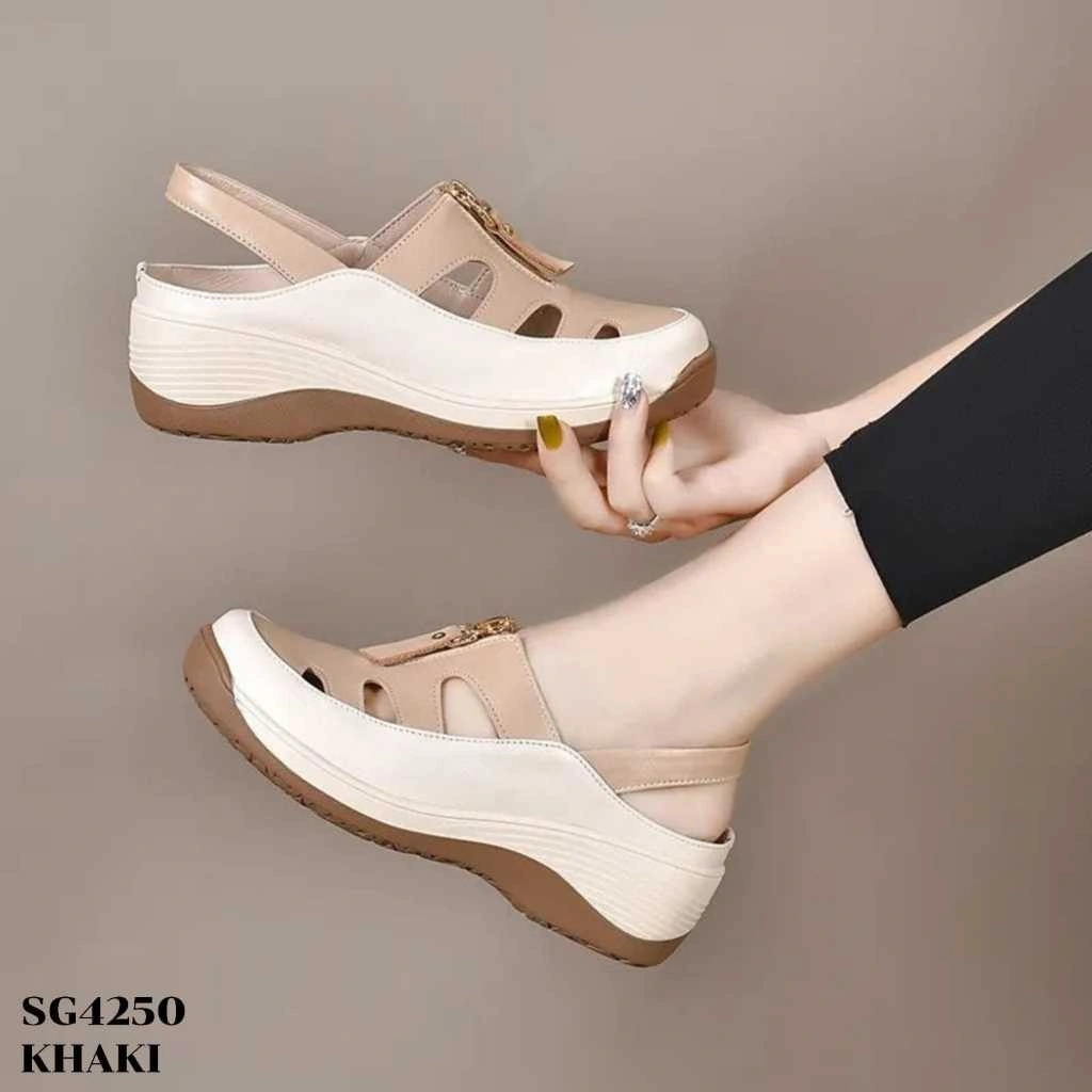 YJH Sandal Retro Tinggi 5cm Bahan Sintetis Sepatu Trendy Fashion Wanita Beige Khaki 36-40 Korea SG4250