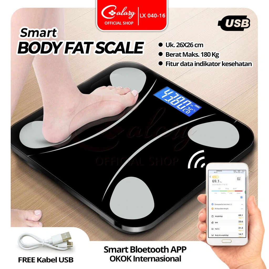 CALARY Timbangan Badan Digital Bluetooth Smart App Kapasitas 180Kg untuk Pengukuran Berat Tubuh 040-16
