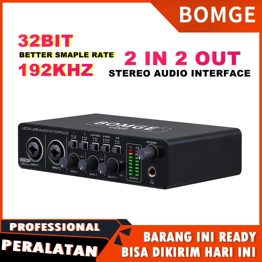 BOMGE U204 Audio Interface SoundCard,32Bit/192kHz Antarmuka Audio Gitar 2x2 untuk Mac Streaming Podcast untuk Penyanyi Produser dengan Daya Phantom 48V untuk Perekaman Musik PC