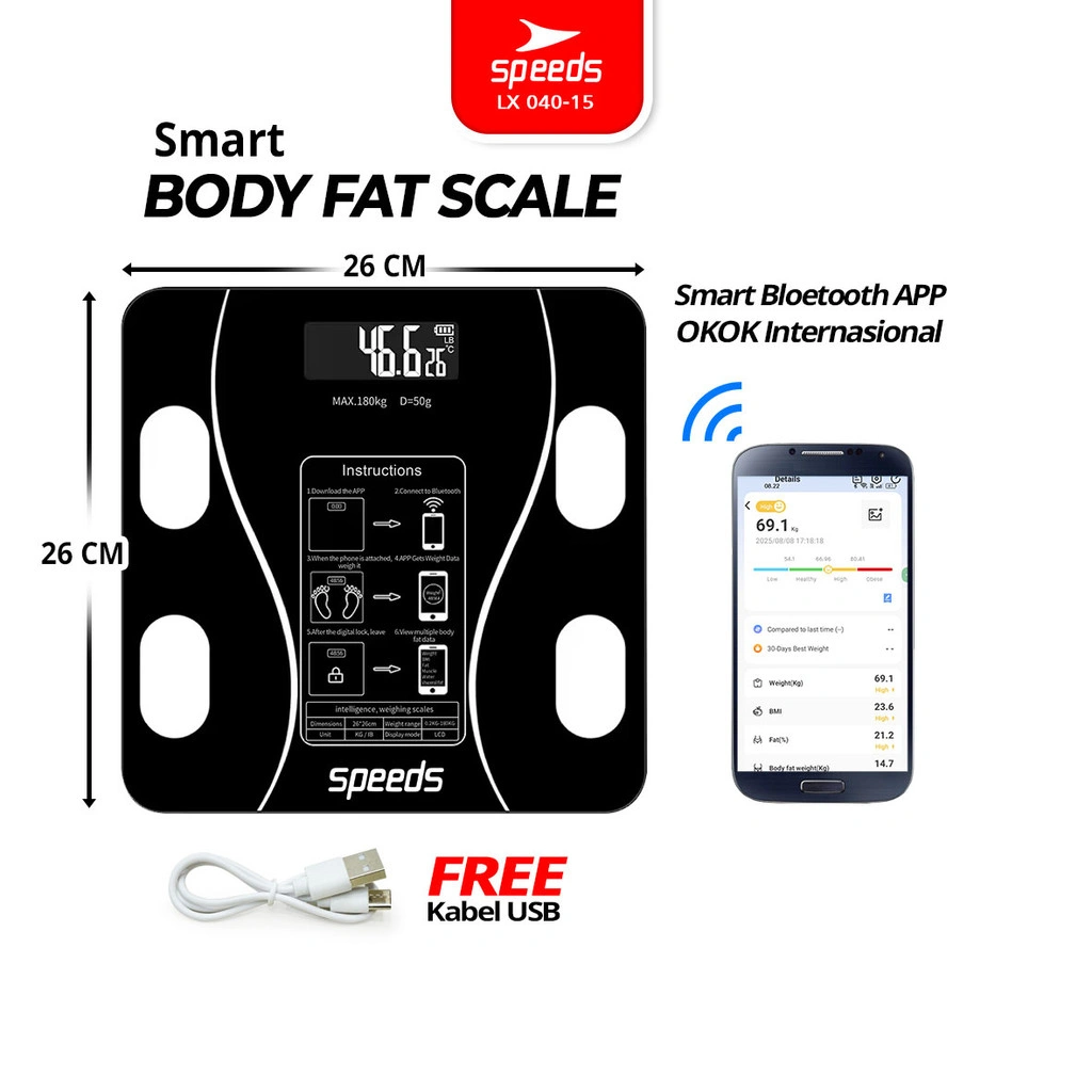SPEEDS Timbangan Badan Smart Lemak Fat Digital Weight Scale Scales 26cm Fat Scaler USB Aplikasi Pengukur Lemak 040-15