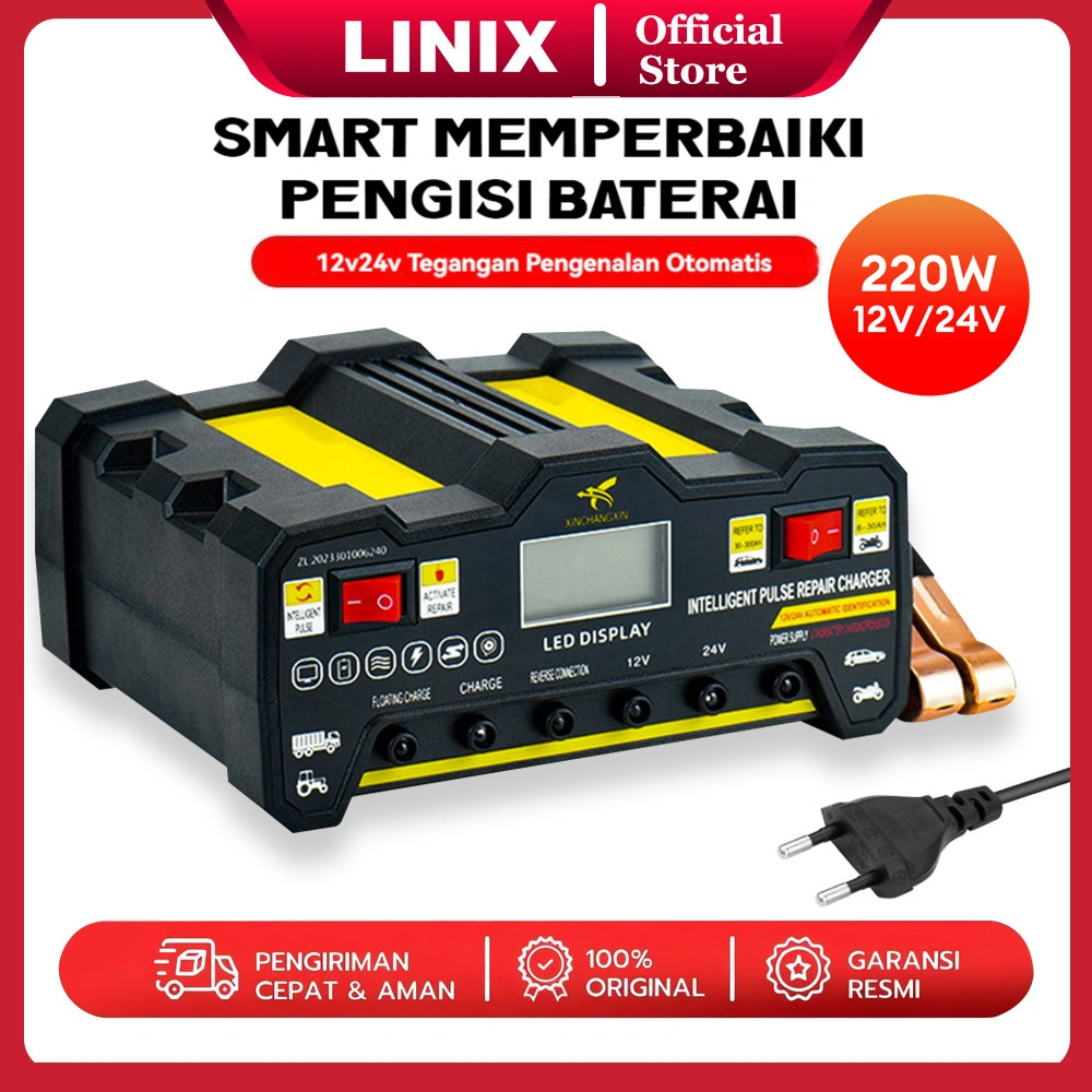 Linix 12V/24V Charger Otomatis Aki Mobil Motor Kapal Truk Automatic Fast Smart Charger  220Watt