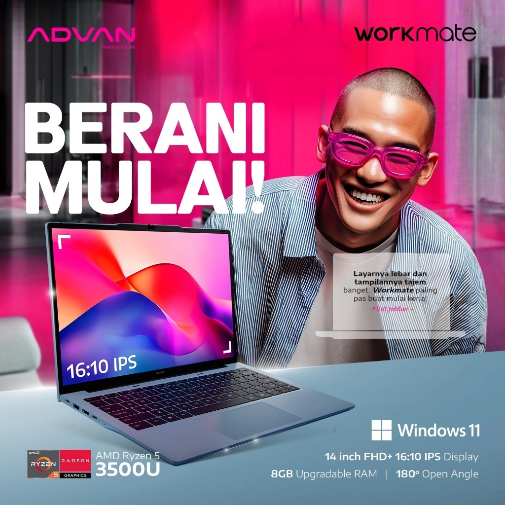 ADVAN Laptop WorkMate | AMD Ryzen 5 3500U / Intel i3-1215U | 14 Inch FHD+ 16:10 IPS | 8GB/256GB Upgradable | WIFI 5 | Free WIndows 11 | Garansi Resmi 1 Tahun