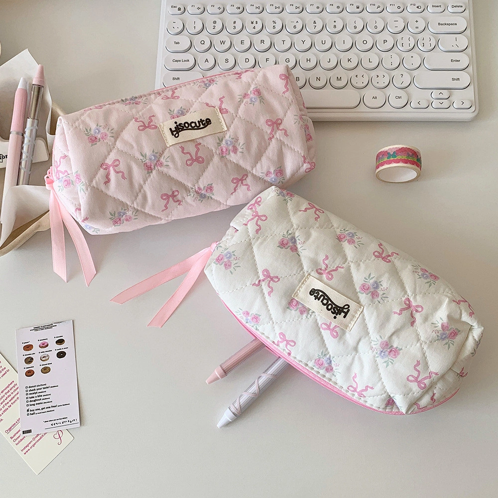 SHINSDAY Coquette Pink Ribbon Pouch Kotak Pensil Tempat Pensil Makeup Pouch Organizer Serbaguna
