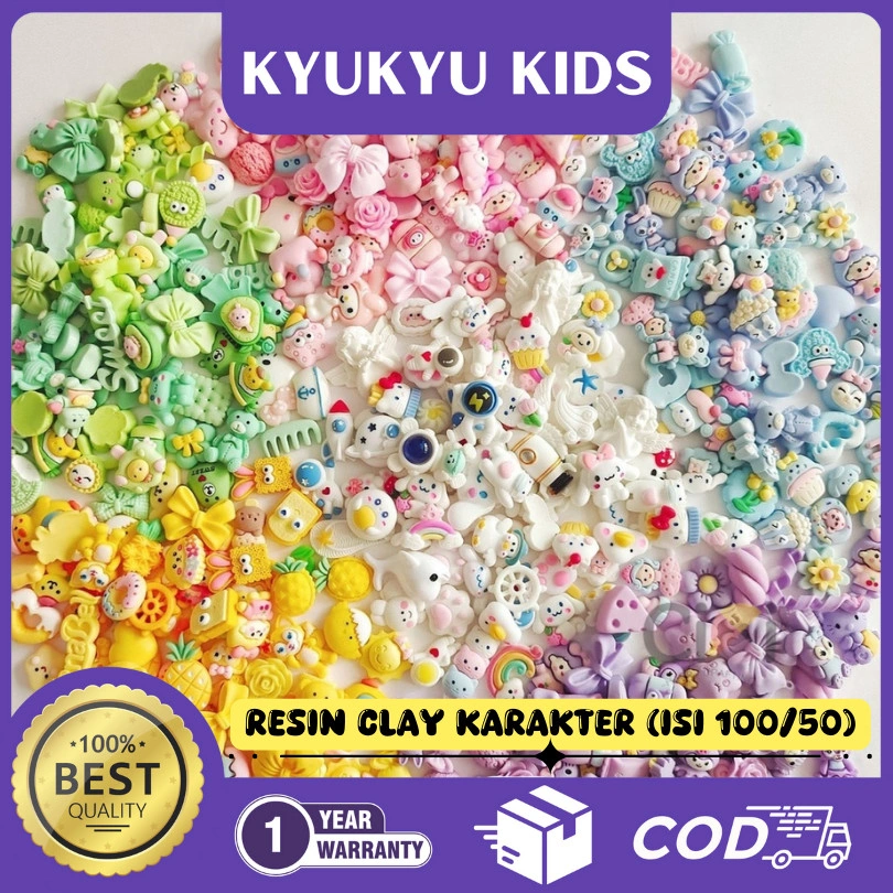 Kyukyu Kids [GARANSI 1 TAHUN]  Resin Clay Karakter Grosir Sticker 3D Resin Clay Mixed (isi 100/50) Timbul Botol karakter lucu Purple Pink Black Blue White Yellow Green Brown Cream All in 1 Grosir K3