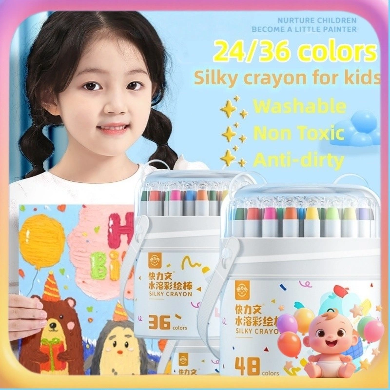 Free Brush Babyfun 24/36/48 pcs Crayon For Kids- Washable Non Toxic Colouring Painting Oil Pastel Drawing Art Krayon Tidak Kotor Tangan Children’s Gift