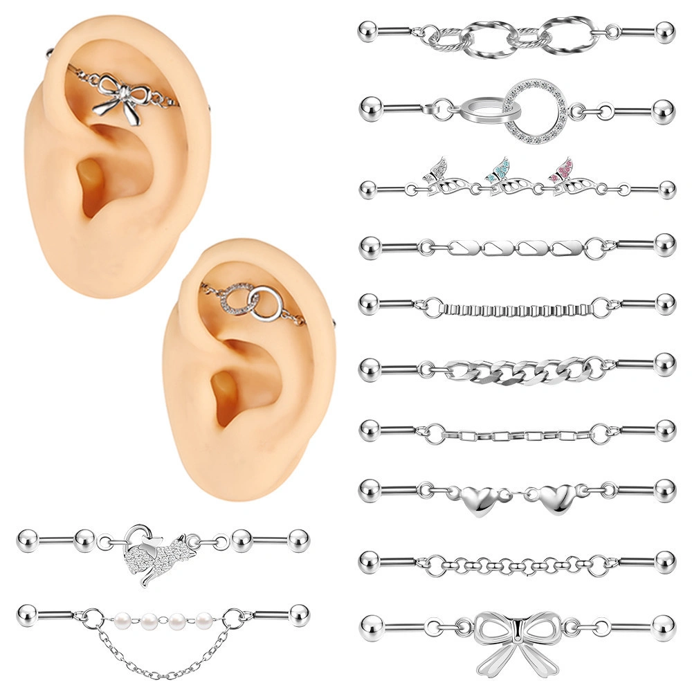 1 PC Stainless Steel Ear Stud Butterfly Shape Ear Piercing Jewelry Long Industrial Stud Earring Double Ball Ear Lobe Piercing Jewelry