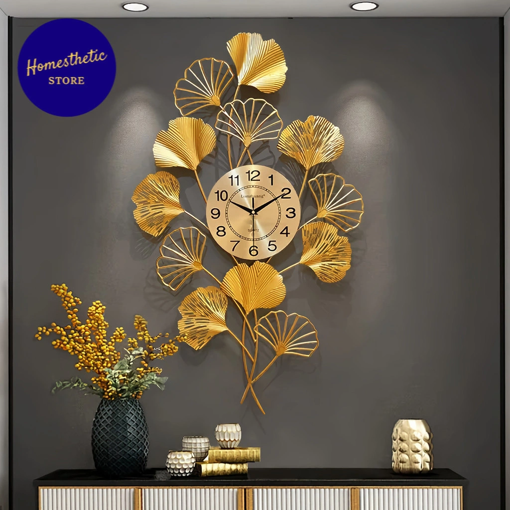 Jam Dinding 3D Daun Gold Mewah ELegan Quartz Luxury European Style Clock Wall Silent Movement Modern Aesthetic Estetik Untuk Ruang Tamu Keluarga Ruang Makan dan Kamar