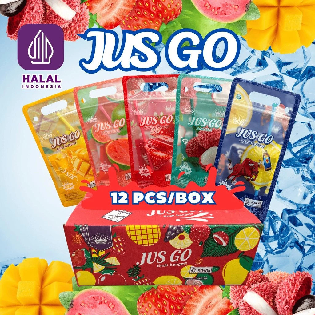 Halal Jus Buah JUS GO 12 Pcs (5 Rasa) – Segar Kental Siap Minum, Pouch Praktis Tanpa Es, Aman untuk Anak & Dewasa, Cocok untuk Bekal Kantor Liburan
