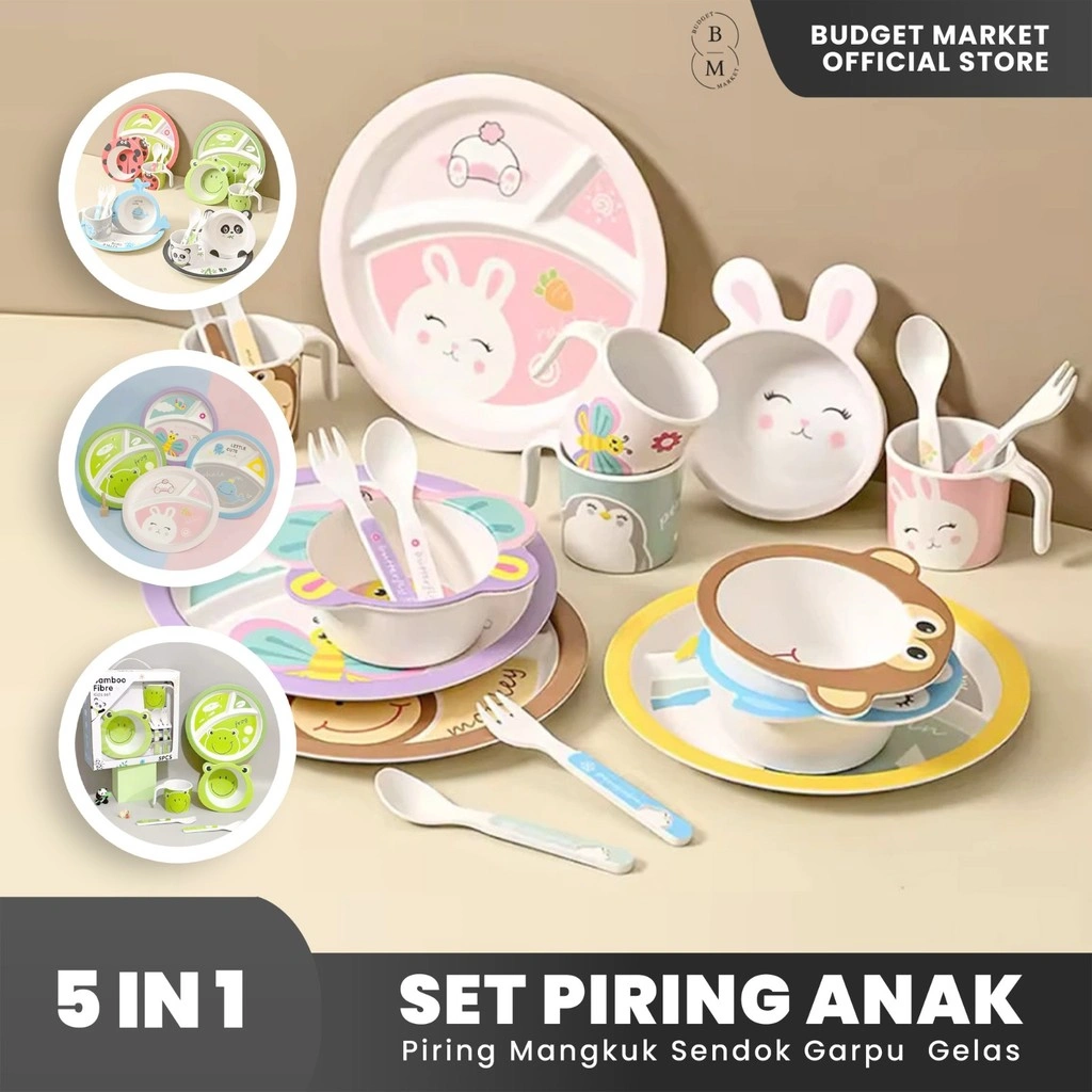 5 in 1 Bamboo Fiber Kids Feeding Set / Baby Bowl Set Alat Piring Makan Anak Mangkok Anak Bayi Motif Karakter Lucu / Box Set Garpu sendok gelas