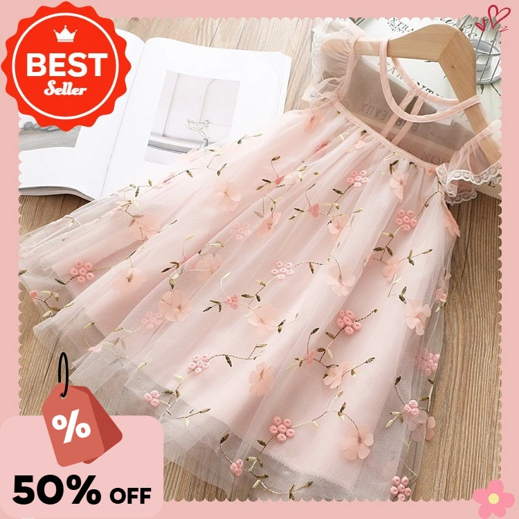 [meandboss] DR45, 3-8Tahun Dress Korea Gaun Jala Renda Bunga Tiga Dimensi Bordir Anak Musim Panas