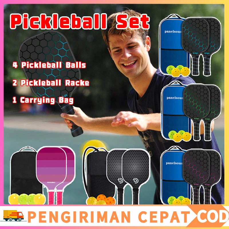 【Penjual Lokal】1Set Pickleball Set Pickleball Paddle Raket Pickleball Bahan Serat Karbon Honeycomb Core Fiberglass Indoor Outdoor Pickle Ball Tenis Tennis Pingpong Trainer 2 Rackets + 4 Balls+1 Ransel Pickle Ball Set