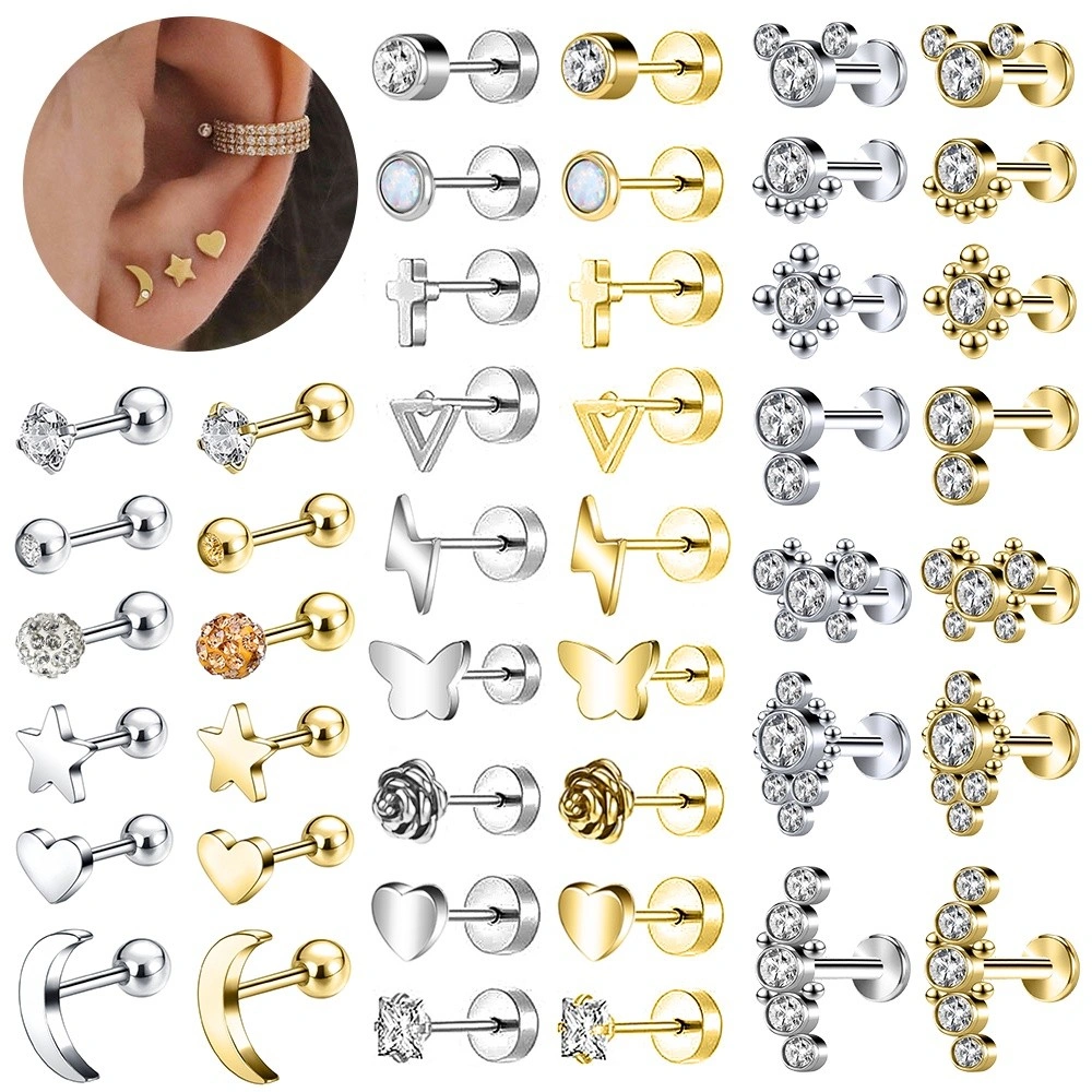 3-6Pcs Stainless Steel Cartilage Crystal Stud Earrings Set Butterfly Rose Flower Earrings Flat Bottom Ear Stud Helix Piercings