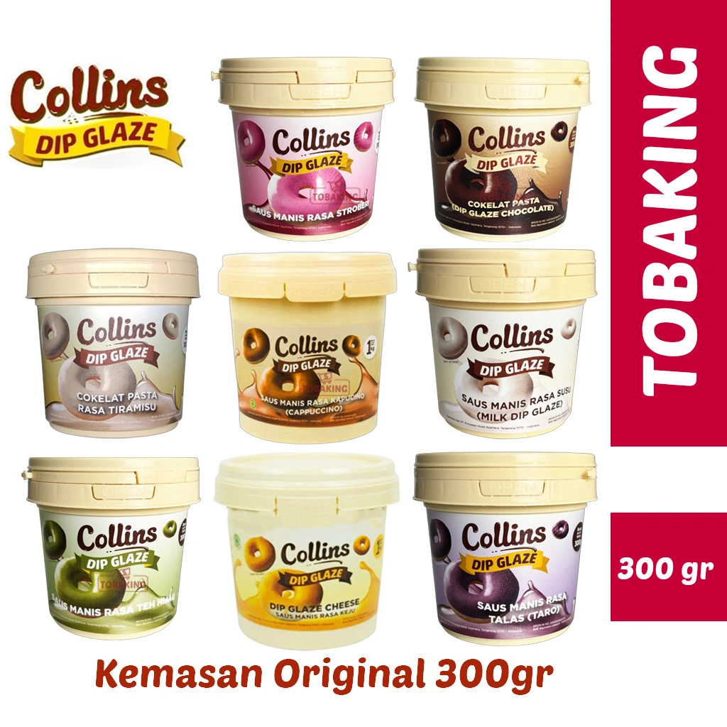 Collins Dip Glaze 300gr Chocolate Tiramisu Strawberry Green Tea Taro Topping Kue Donut Pisang