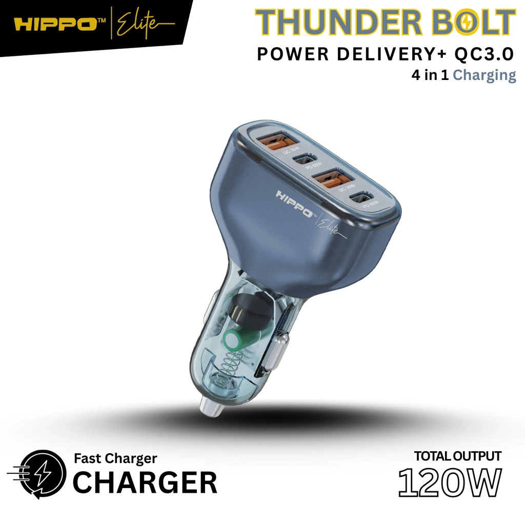 Hippo Elite Car Charger Thunderbolt Total Output 120W 4 Ports PD + QC 3.0 CHARGER CASAN MOBIL POWER DELIVERY SUPER FAST CHARGING MULTI PROTOCOL QUICK CHARGING ANDROID IPHONE LAPTOP
