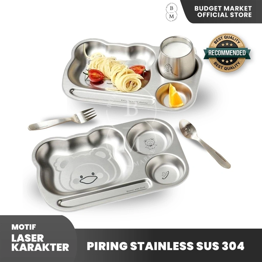 Piring Stainless SUS 304 Laser Karakter / Piring Gelas Mangkuk Stainless / Peralatan Makan Stainless / Piring Makan Anak Balita Bayi