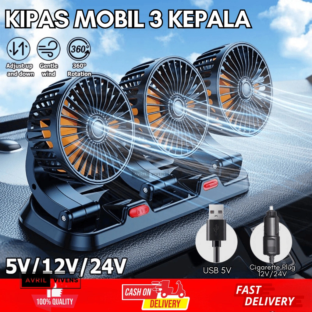 [AVV] Kipas Angin Mobil 3 Kepala 12/24V Kipas Pendingin Truck USB Dashboard Rotasi 360 Fan Car CoolingKipas angin mobil truk besar 24V12V pendingin minivan minivan tiga kepala mobil kipas angin listrik mobil yang kuat