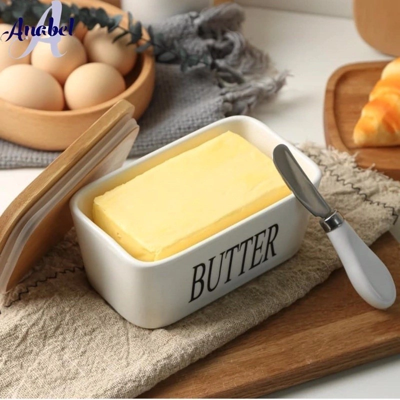 Kotak Penyimpanan Mentega Butter Bahan Keramik Butter Storage Dengan Pisau Oles Dan Tutup Kayu
