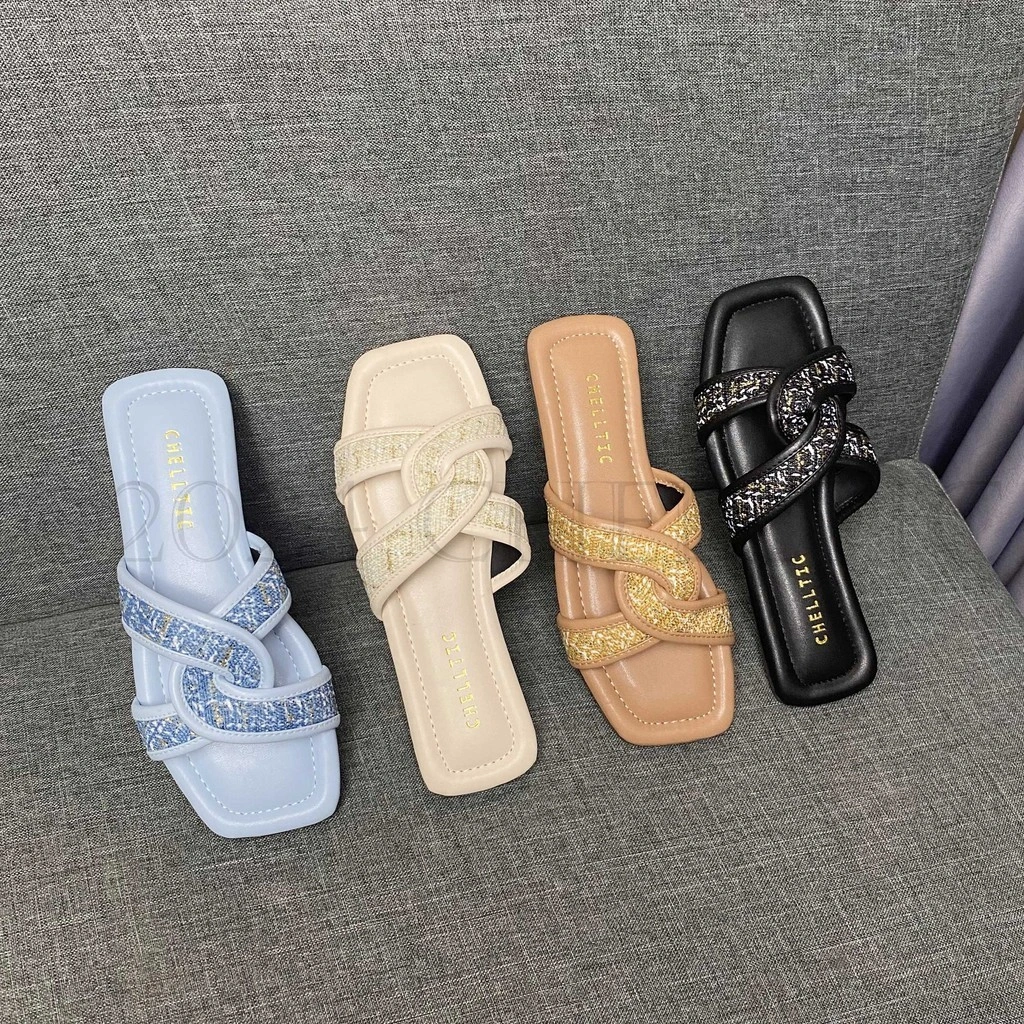 CHELLTIC Sandal Teplek Wanita Kekinian Terbaru |Women Slippers |Sendal Selop Teplek Cewek Korea Slip On Casual Remaja Motif Kain Lucu BIG SIZE 37-40 Model Trandy Flat Hak Datar|Sndal Flip Flop Perempuan COD