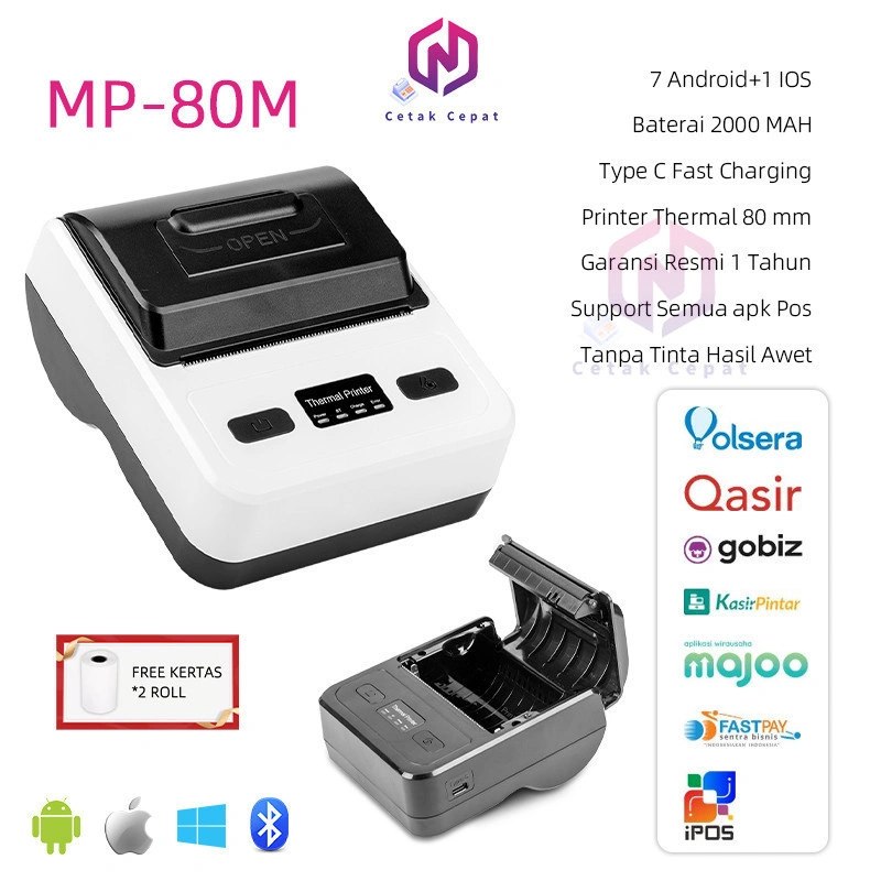 Printer Thermal 80MM Bluetooth + USB Cetak Resi Alamat Kasir Nota PPOB POS Barcode Support Kertas /android/ios/Windows /free* 2 Roll Kertas/Cocok Untuk Kertas Printer max 80mmx50mm