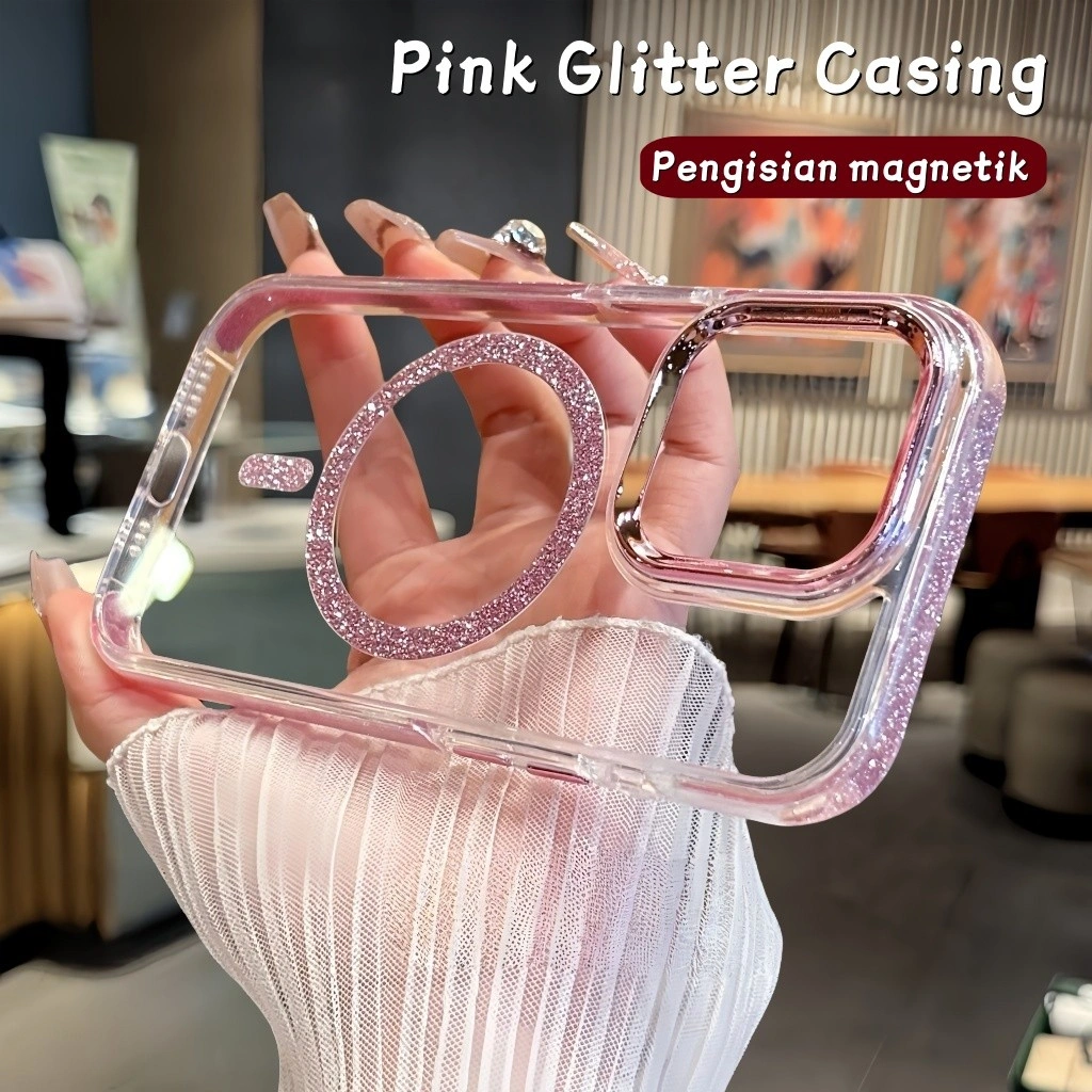New Casing Ponsel Penutup Premium Shiny Glitter Magnetic Charging Clear Hrad Case For iPhone 16 15 14 13 Pro Max Magnet Metal Plating bening Lens Frame Hard Case